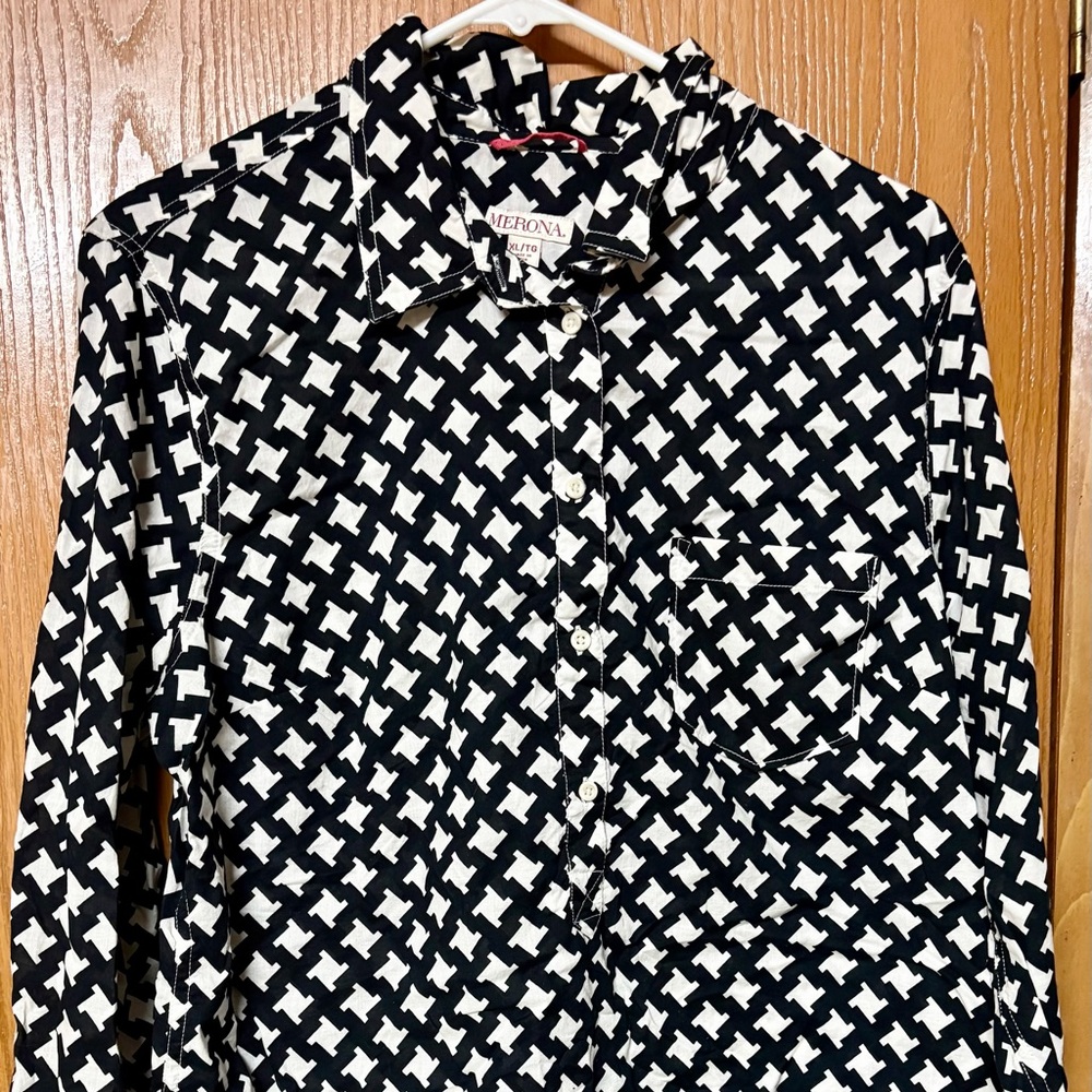 Merona Black and White Houndstooth Button Up Dress shirt Sz XL